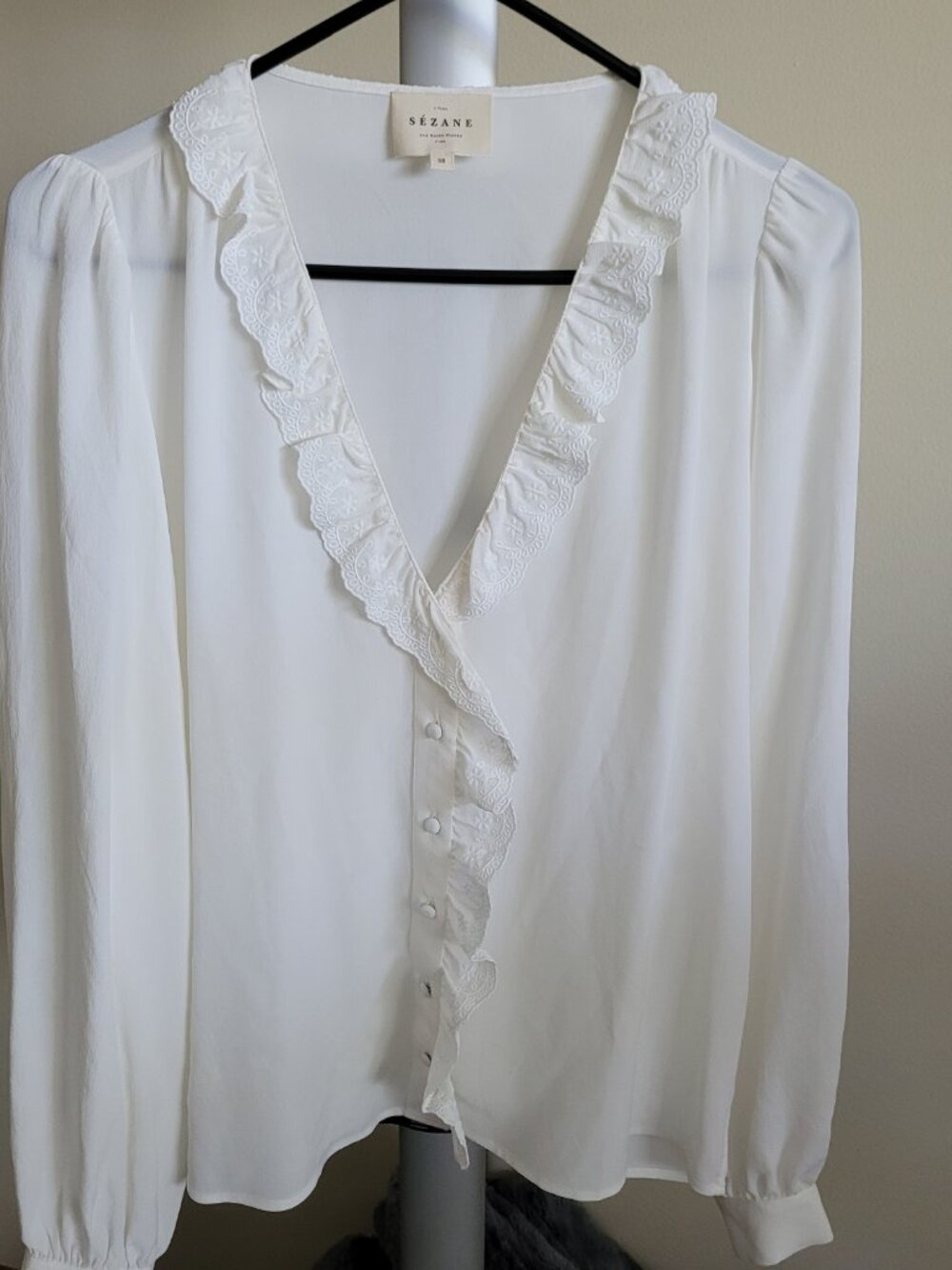Sezane Rosine V Neck Ruffle Front Button-Down Shirt In Creamy Off White